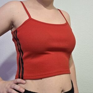 Red Ribbed Crop Top with Black Stripes